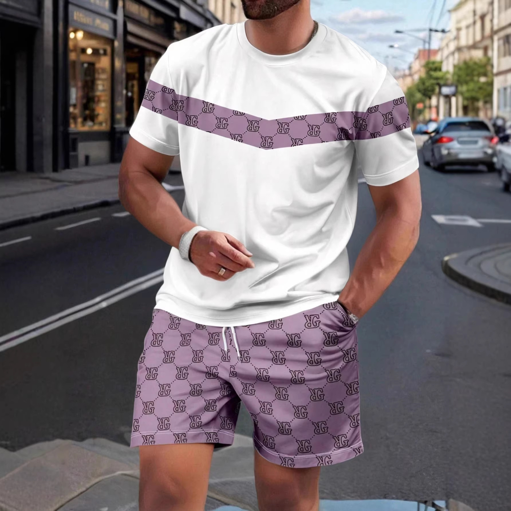 Luxury Brand Designer Clothes Factory Direct Spring/Summer New Men's Casual Sports Suit With Gradient Color Pattern, Short-Sleeve Shirt And Short - view 3