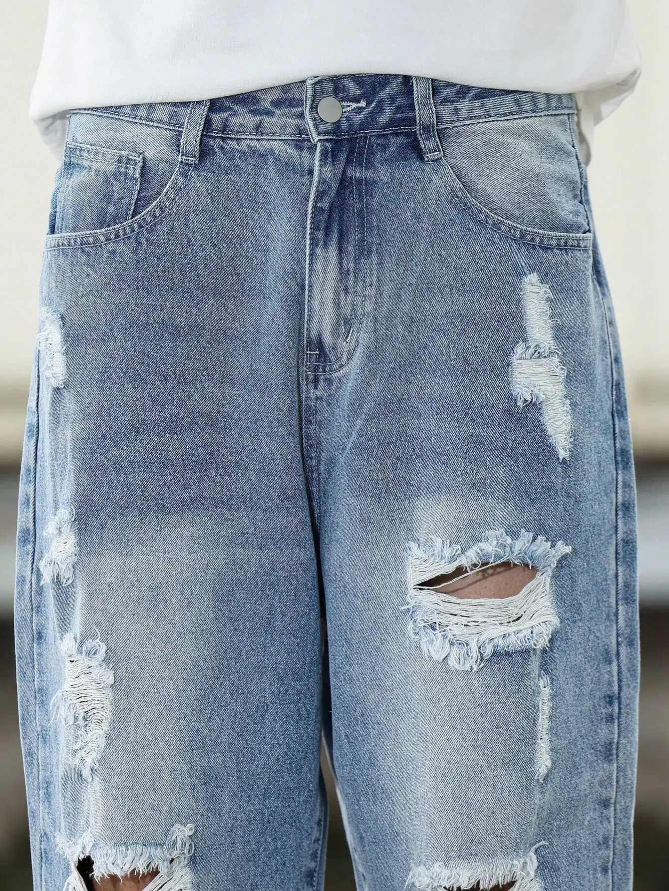 Mens Blue Ripped Denim Harem Pants for Spring and Autumn Street Fashion Casual Trend D260320