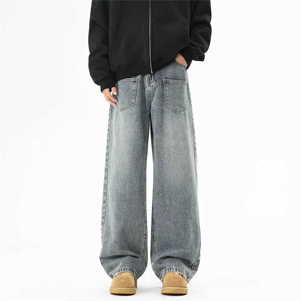 Wide-leg Retro Washed Denim Pants for Men Streetwear Jeans Man Fashionable Loose Straight-leg Jean Pants for All Four Seasons D260320