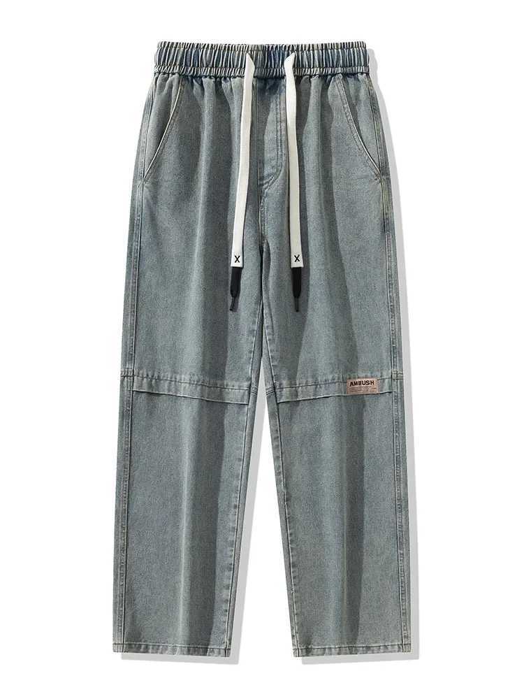 8XL New Retro Blue Mens Jeans Large Size String Banding Wide Leg Denim Pants Cotton Casual Straight Jean Trousers 6XL 7XL D260320