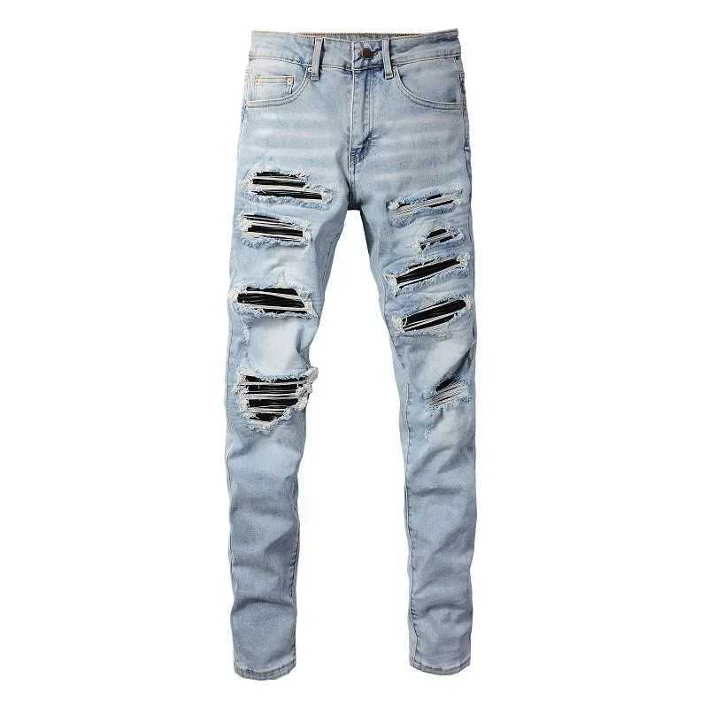 High Street Jeans Patch Hand-worn Holes Slim Skinny Jeans for Men D260320