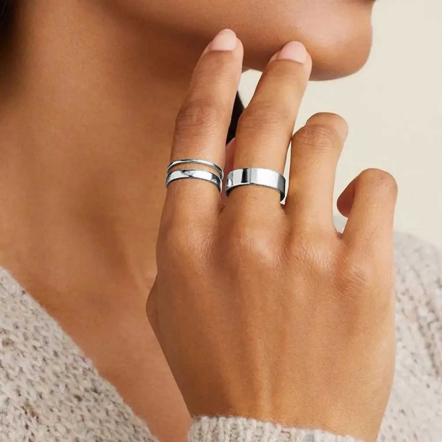 Fansilver S925 Sterling Silver Rings for Women Men 18K White Gold Plated Stackable Statement Thin Plain Thumb Ring Wedding Bands H260320 - view 4