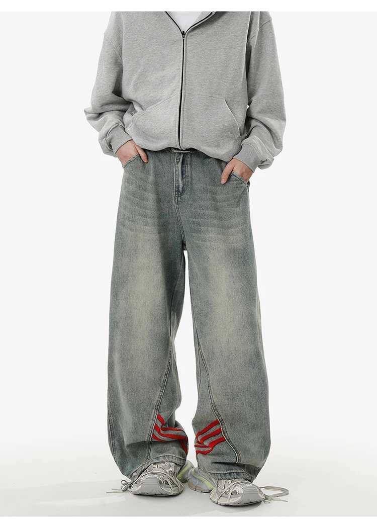 REBELOASIS American retro baggy wide leg jeans for men and women loose casual striped washed long pants D260320