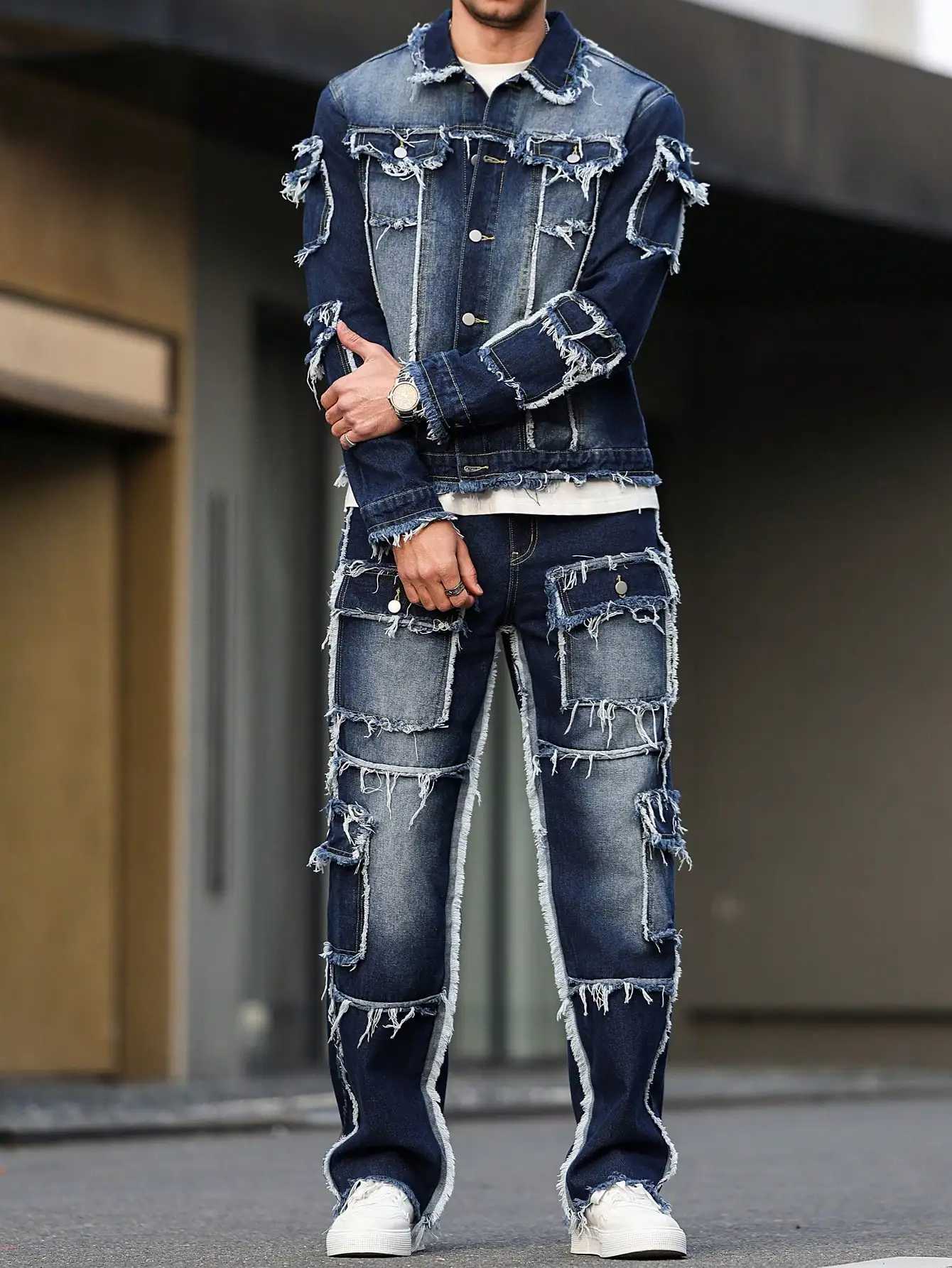 Mens spring and autumn denim suit multi - pocket design wide straight - leg pants style M260320