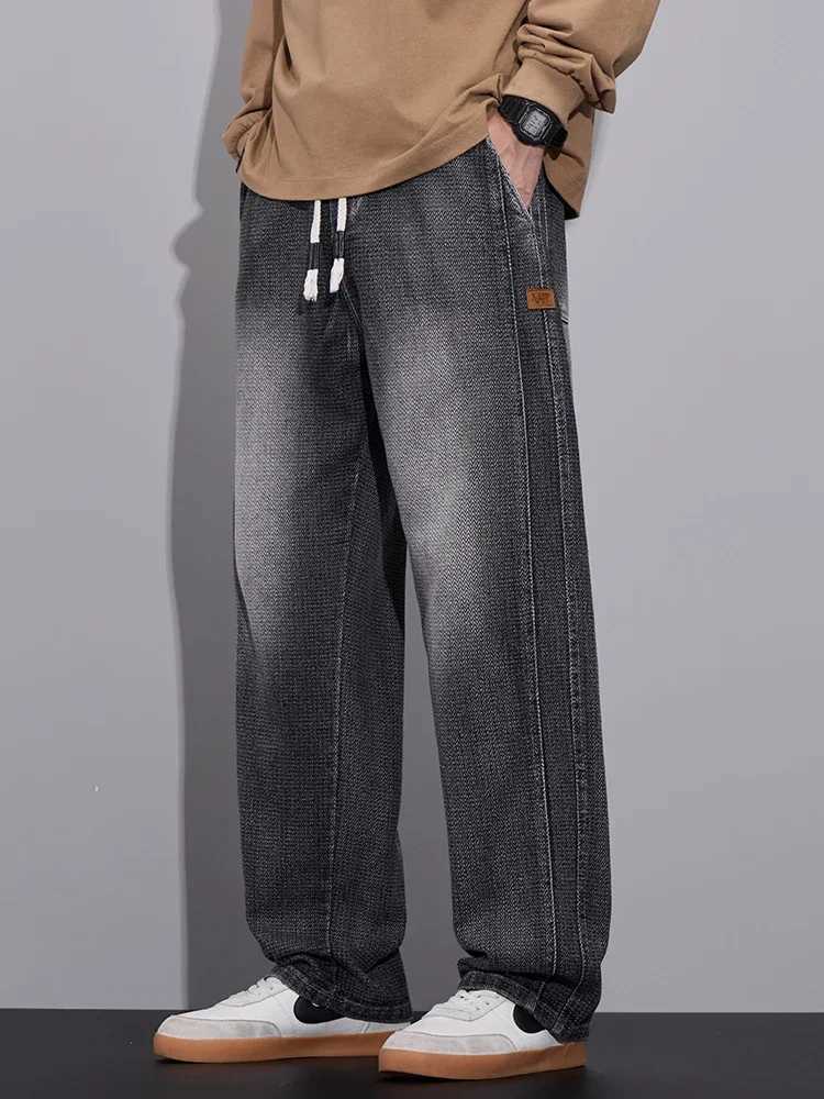 Spring Baggy Wide Leg Jeans Mens Elastic Waist Textured Fabric Jogging Pants Fashion Korean Streetwear Casual Loose Trousers D260320