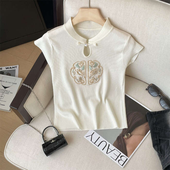 New Chinese-Style Embroidered Knitted T-Shirt Women, Summer Design With Flutter Sleeves, Unique Top For Petite Figures