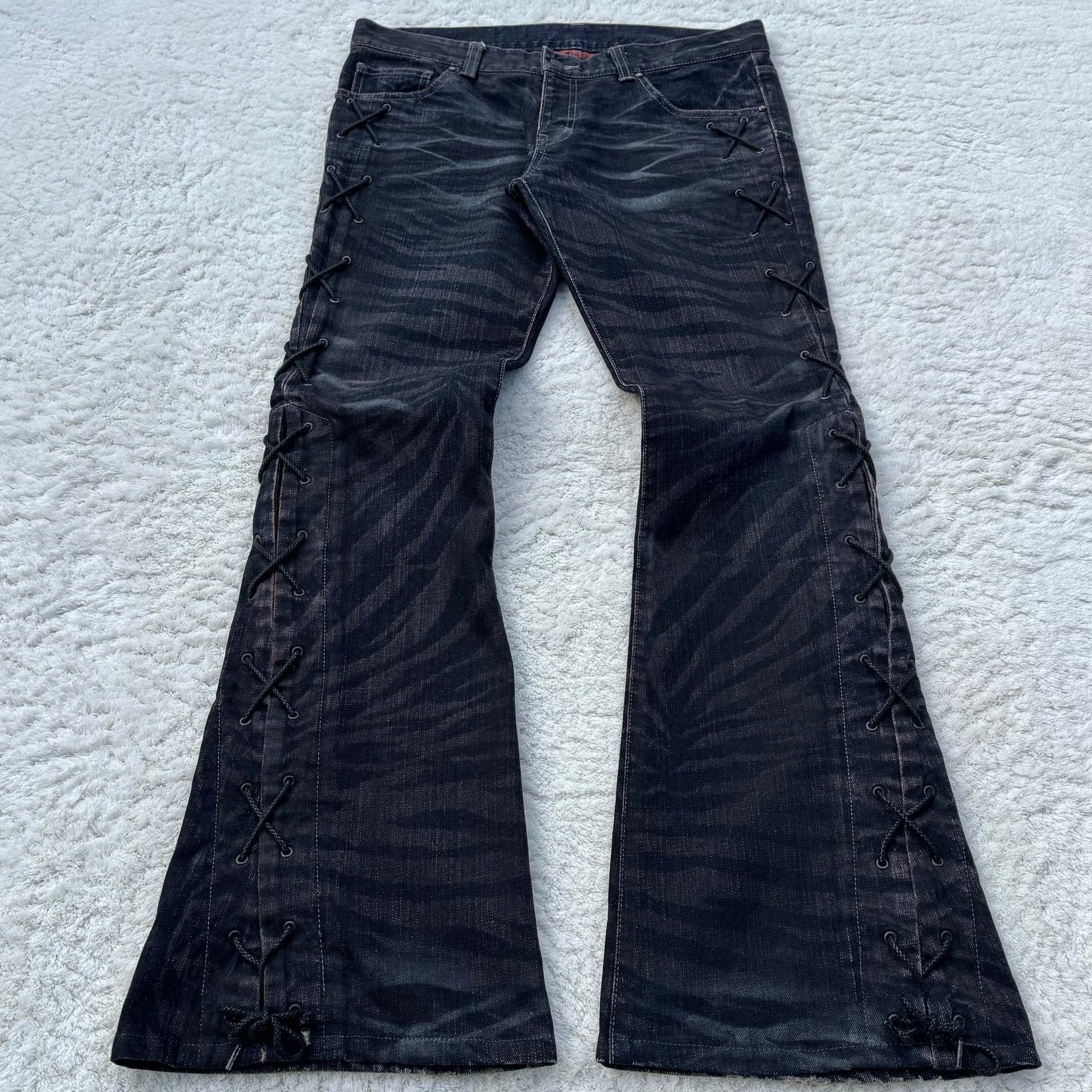 Men's Y2K Gothic Retro Double Waisted Flared Jeans Washed Black Distressed Denim Pants Unisex Streetwear High Waist Micro Flare Vintage Punk Hip 