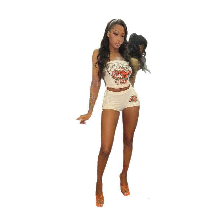 2026 Cross-Border European And American Women's Fashion Printed Bandeau Shorts Set