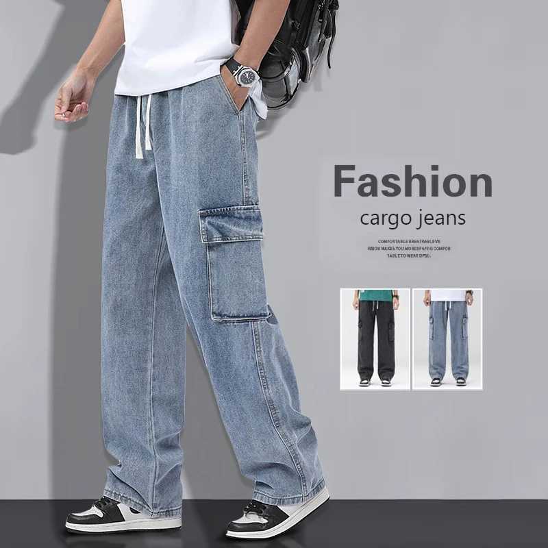 Mens Baggy Straight Cargo Jeans Elastic Waist Drawstring Casual Pants High Street Fashion Vintage Trousers Male Trendy Brand D260320