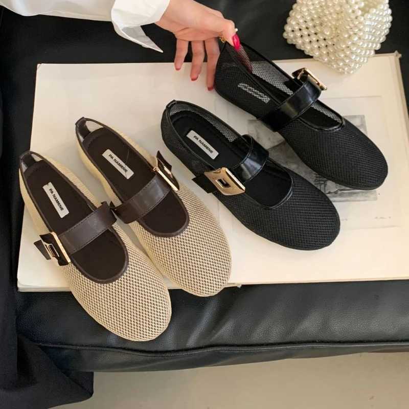 Mesh Breathable Ballet Flats Women Metal Belt Buckle Round Toe Shallow Comfy Beach Shoes Female Fashion Mary Jane Shoes H260512