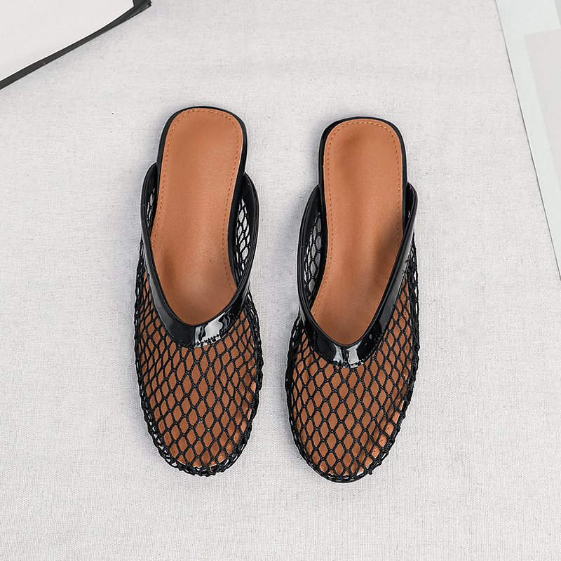 Women's mesh 2026 new model, round toe hollow-out half-slippers, flat large size women's shoes 35-44, closed-toe slippers