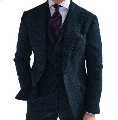 Men's Suits Blazers Wool Tweed Grey Men Suits For Formal Business Groom Wedding Tuxedos Herringbone Style 3 Piece Man Set Jacket Waistcoat with P