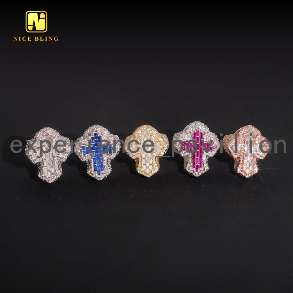 Baguette Iced Out Cross Shape Hip Hop Rapper Jewelry Ring Ruby Sapphire Full With VVS Moissanite Diamond 925 Silver Men Ring