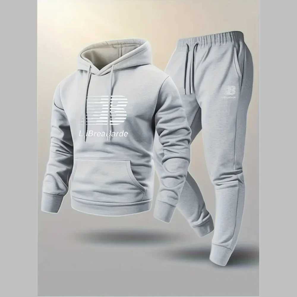Mens Letter Printed Casual Hooded Sports Set -100 Polyester Fiber Long Sleeved Pullover Paired with Drawstring Running Pants M260320