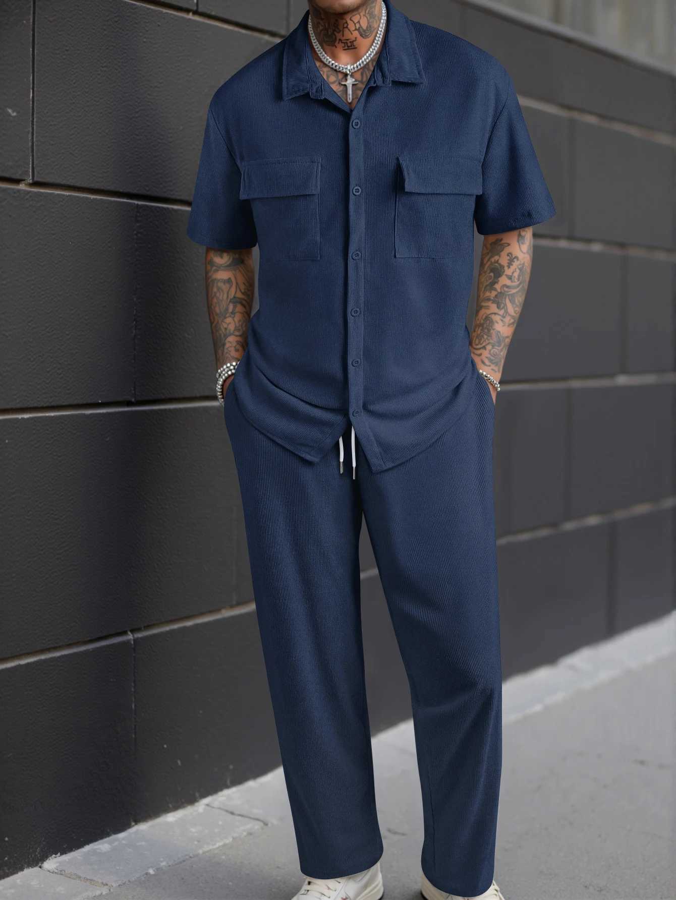 New 2pcs Set Mens Short Sleeve Shirt Pants Suits for Men Beach Wear Tracksuit Solid Color Shirts Sweatpants Hawaiian Vacation M260320