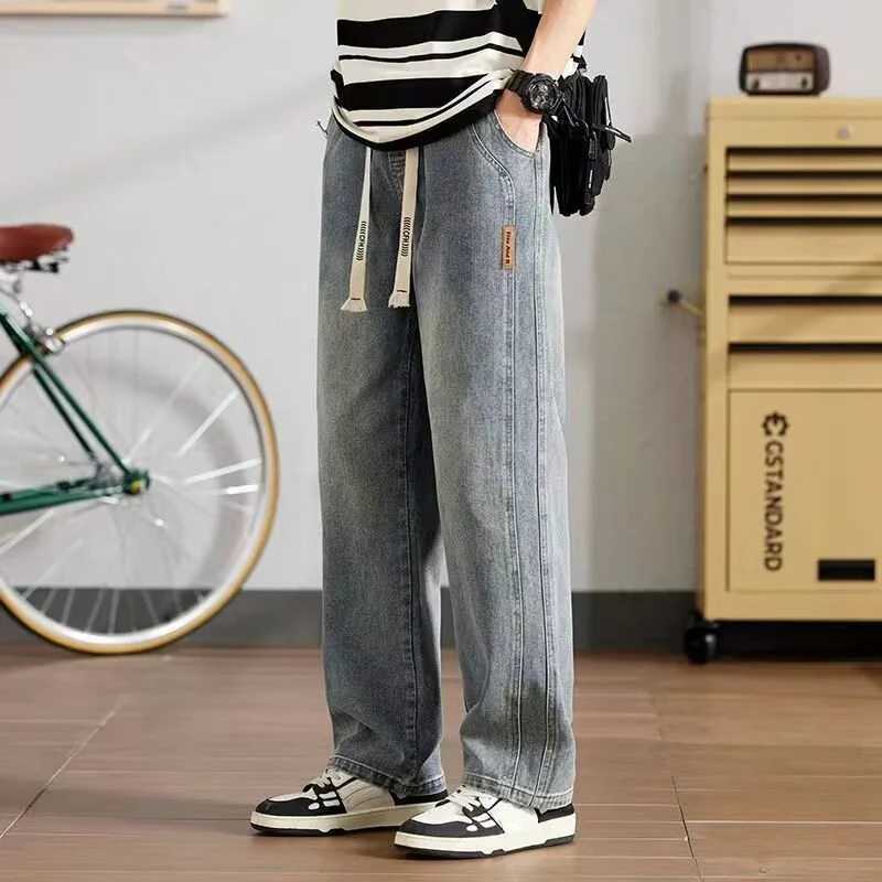 Spring Autumn Hot Sale Mens Stylish Sports Casual Denim Pants Baggy Wide Leg Streetwear Trousers Classic Elastic Waist Jeans D260320
