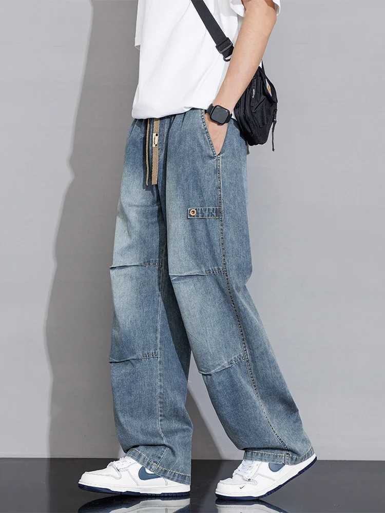 Mens Cargo Jeans 2026 New Spring Summer Wide Leg Denim Pants Straight Baggy Jeans Asian Size L-5XL D260320