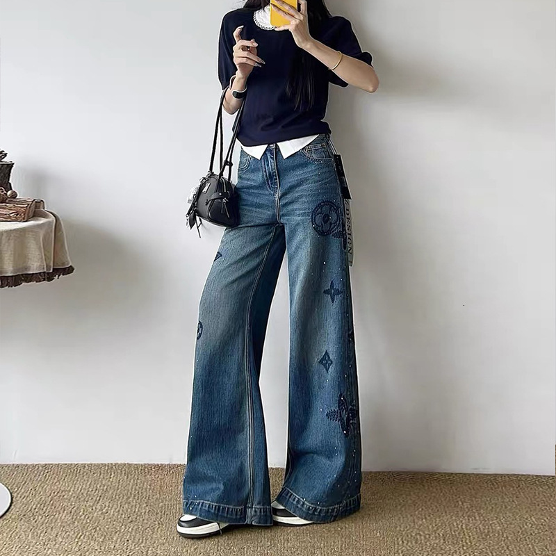 Womens Jeans Streetwear Vintage Fashion High Waisted Wide Leg Jean Female Trouser Letter Hip Hop Baggy Denim PantsT