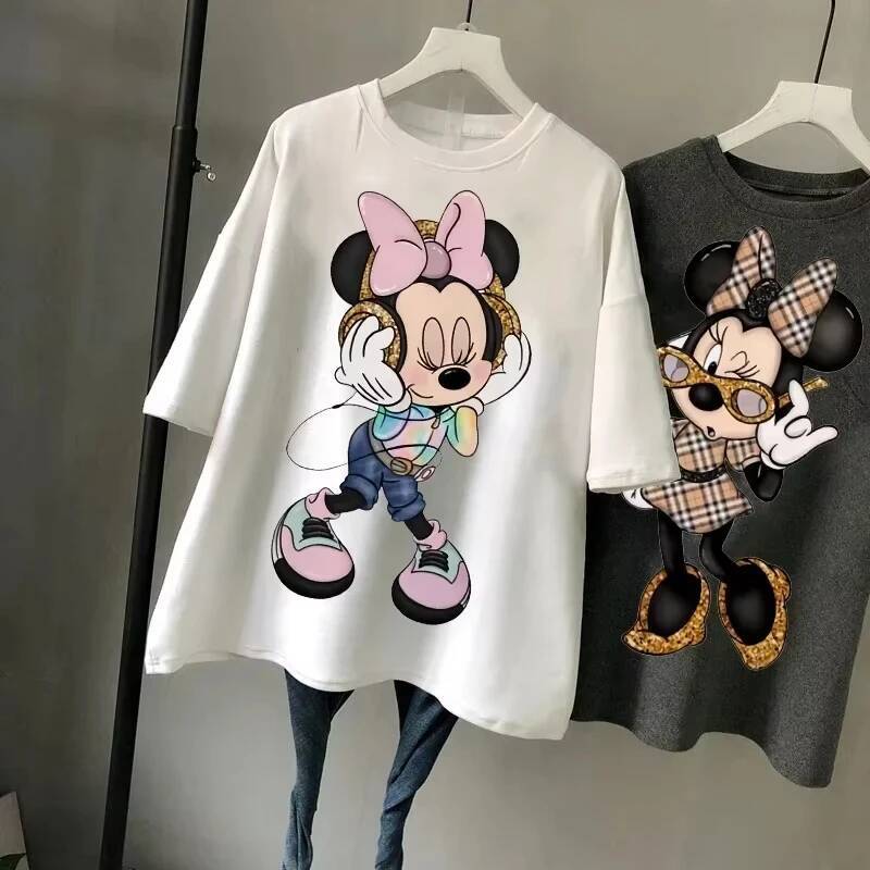 Disney New Kawaii Fun Printed Fashion Summer Cartoon Minnie Top Y2K Women's Extra Large Cotton T-shirt