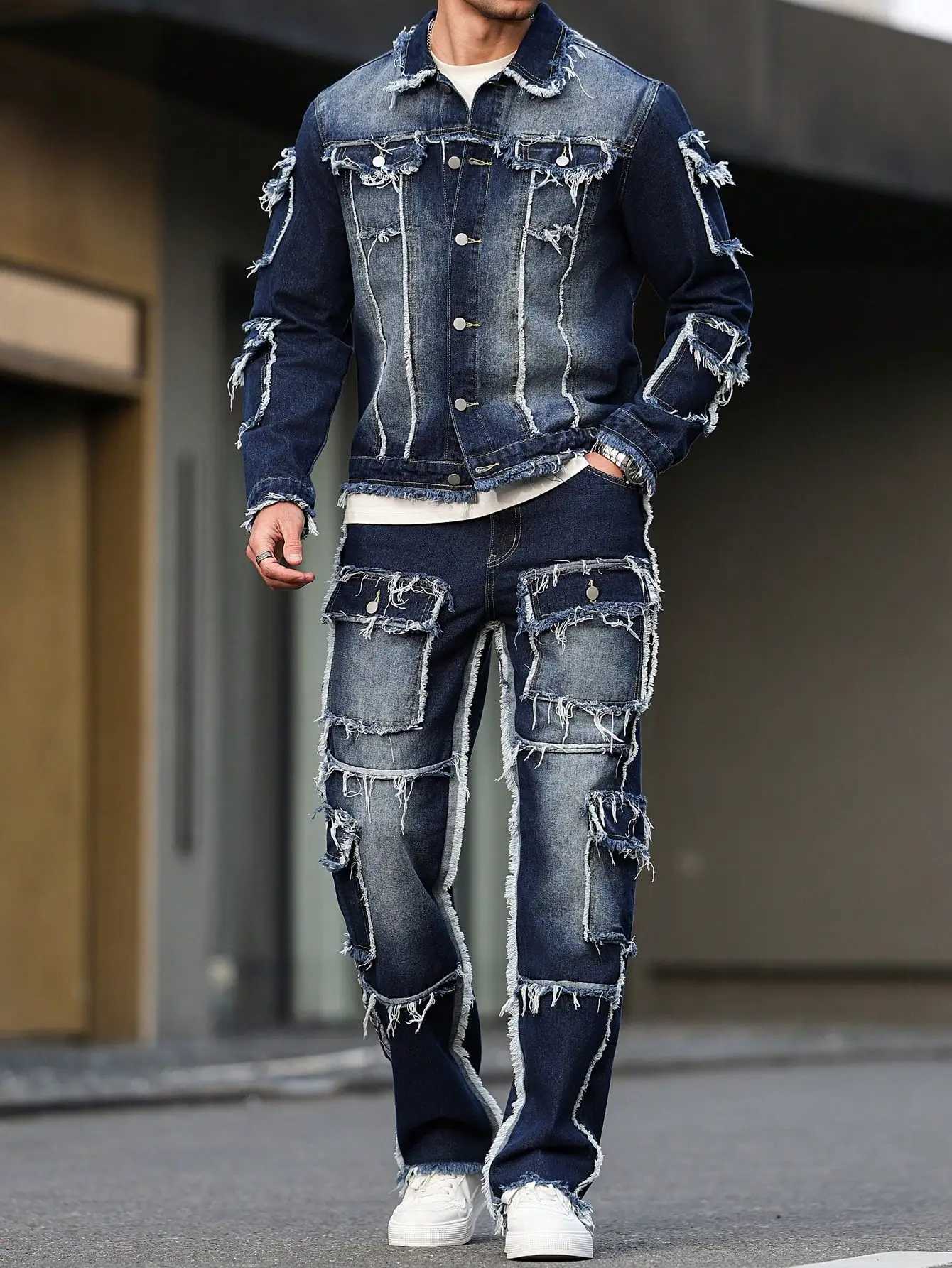 Mens spring and autumn denim suit multi - pocket design wide straight - leg pants style M260320