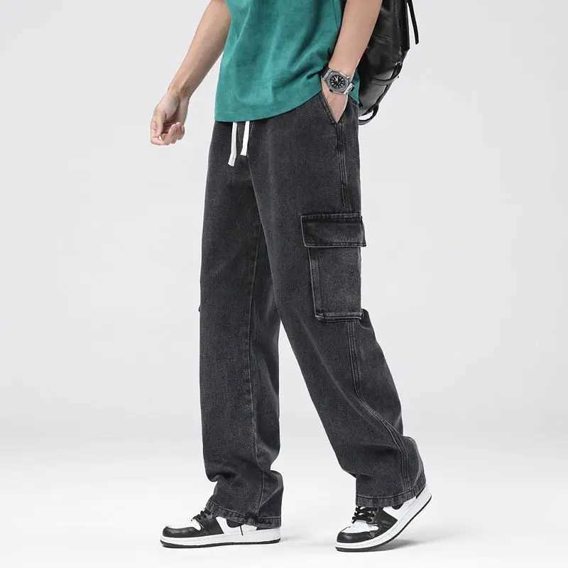 Mens Baggy Straight Cargo Jeans Elastic Waist Drawstring Casual Pants High Street Fashion Vintage Trousers Male Trendy Brand D260320