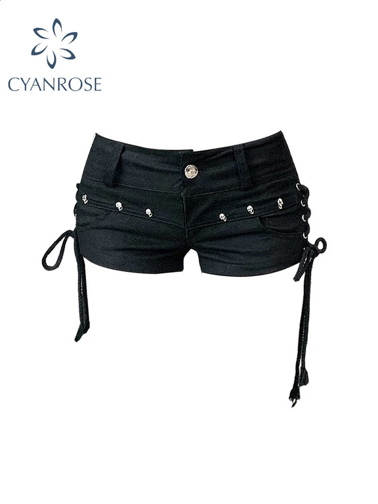 Womens Black Gothic Denim Shorts Vintage Aesthetic Korean Low Waist Jean Harajuku Y2k Cowboy Short Pants Clothes Summer 260310