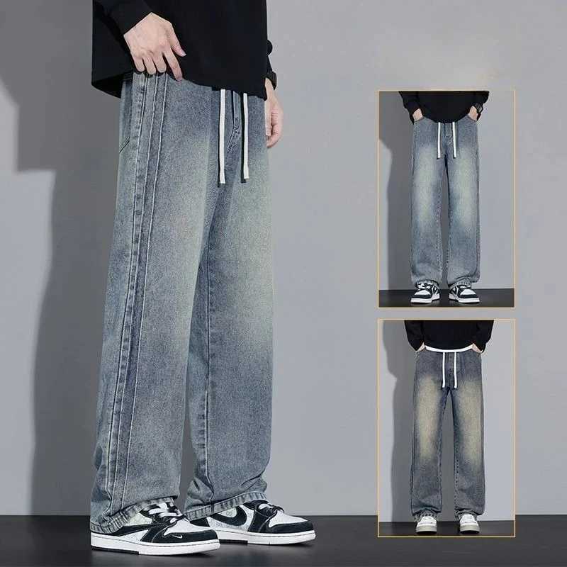 Elastic Loose Straight Jeans Mens Wide Legged Denim Pants Casual Trousers Korean Style Sportswear Clothing Jeans Men Pants D260320