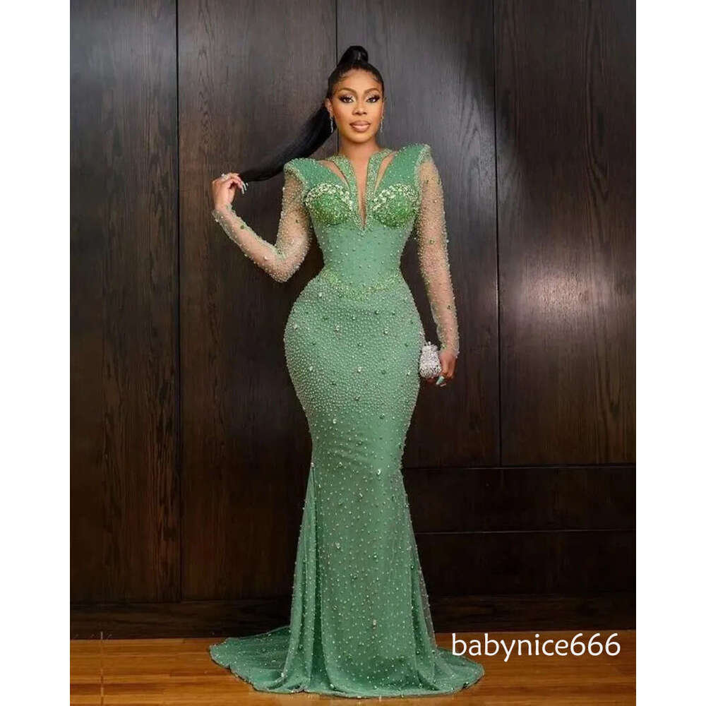 Green Aso Ebi Mermaid Long Sleeves Beaded Arabic Prom Formal Party Second Reception Birthday Engagement Evening Gowns Dresses Robe De Soiree D16