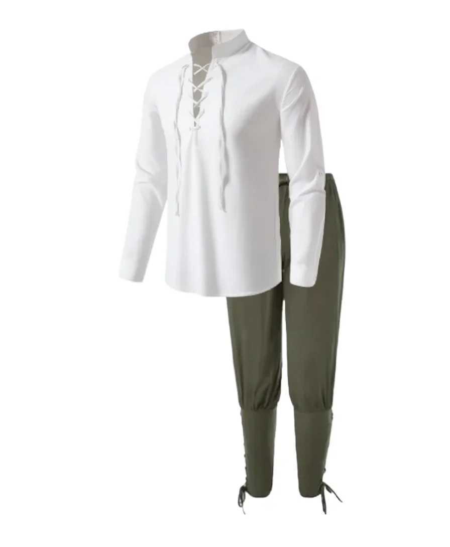 2Pcs Retro Vintage Medieval Renaissance Cosplay Costume Outfits Pirate Viking Halloween Casual Daily LARP Ren Faire Shirt Pants M260320