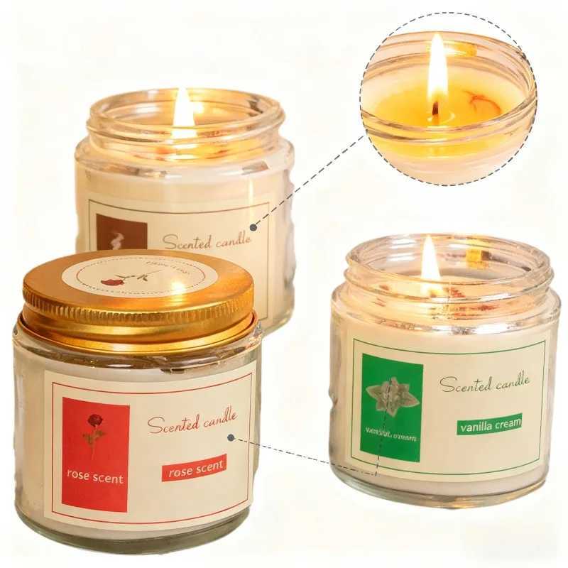 Lavender Scented Candles with Glass Jar Packaging and Gold Lid - Aromatherapy Accents Relaxing Bedroom Living Room Fragrance H260319