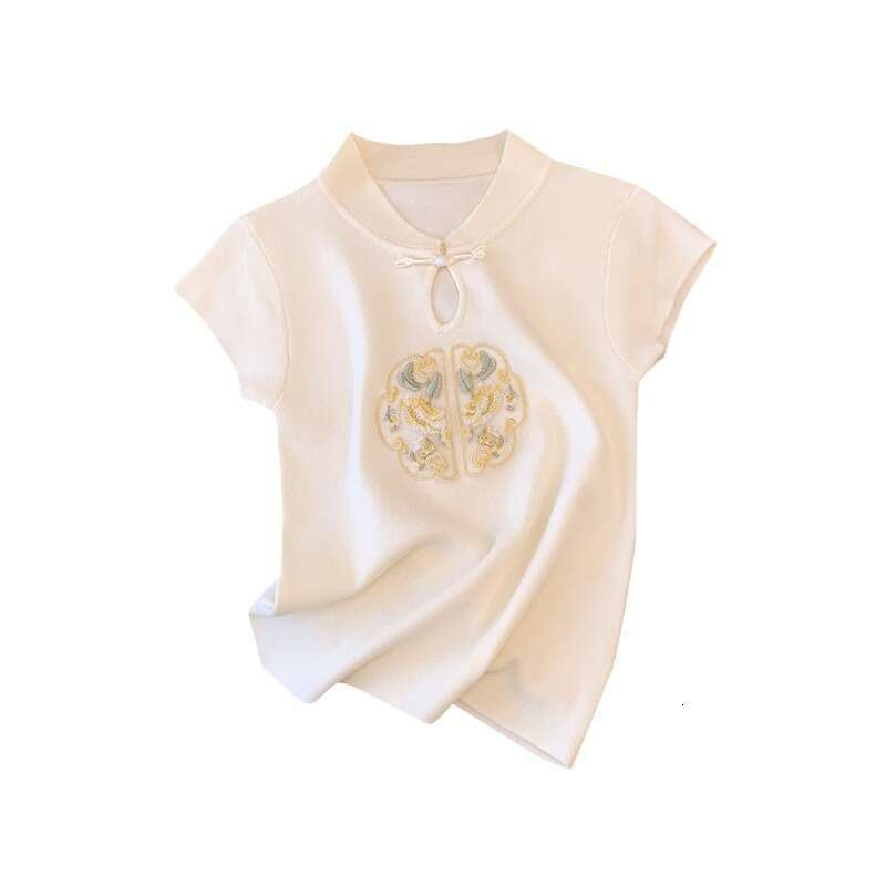 New Chinese-Style Embroidered Knitted T-Shirt Women, Summer Design With Flutter Sleeves, Unique Top For Petite Figures