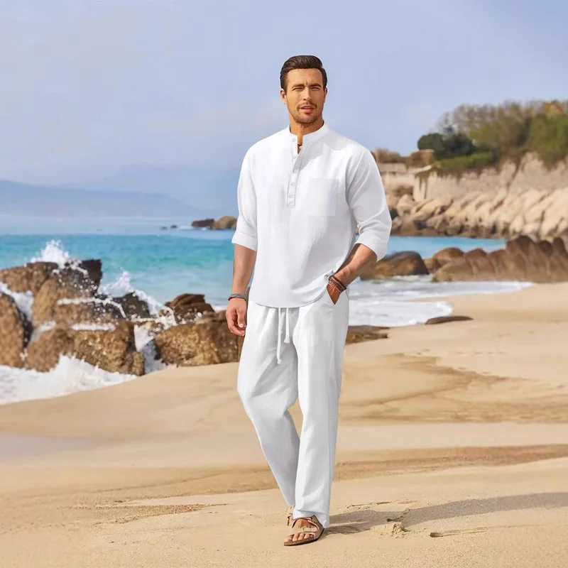 Mens Lightweight Shirt And Cotton Hemp Pants Set Stand-up Collar Button PoCKet Summer Casual Long SLeeve M260320