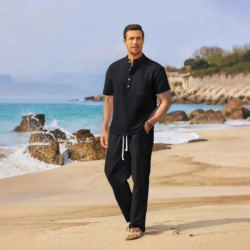 Mens Summer Lightweight Shirt Set wiTH Standing Collar Button PoCKet Cotton Linen Short SLeeve Casual Outfit M260320