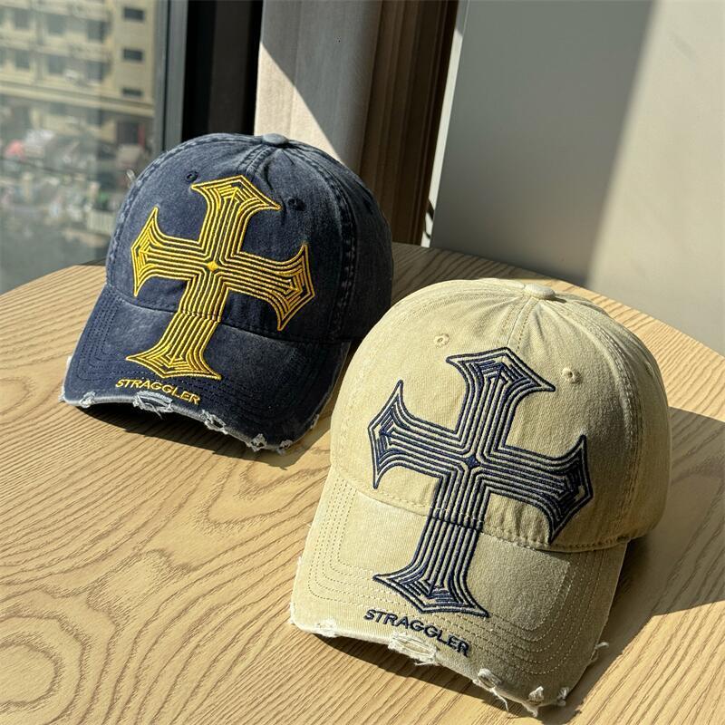 Vintage casquette luxe Distressed Cross Baseball Cap American-Style Soft-Top for Men Women Duckbill Cap Free Shipping - view 4