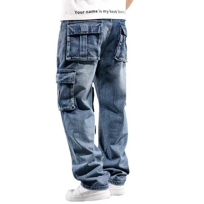 Wide Leg Pant Distressed Cargo Jean Men Jeans Washed Denim Patchwork Solid Full Length Pants Loose Pockets High Street 2025 D260320