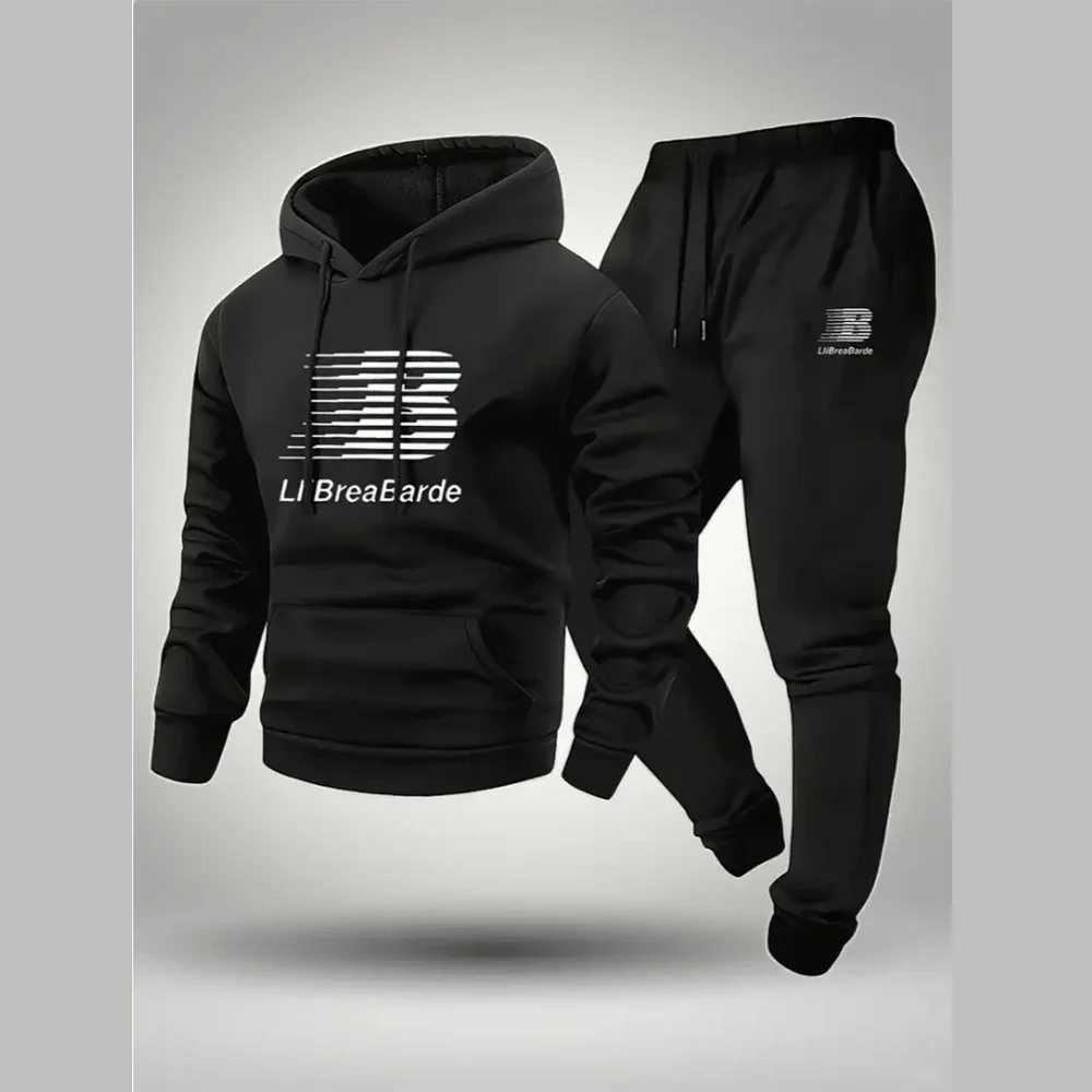 Mens Letter Printed Casual Hooded Sports Set -100 Polyester Fiber Long Sleeved Pullover Paired with Drawstring Running Pants M260320