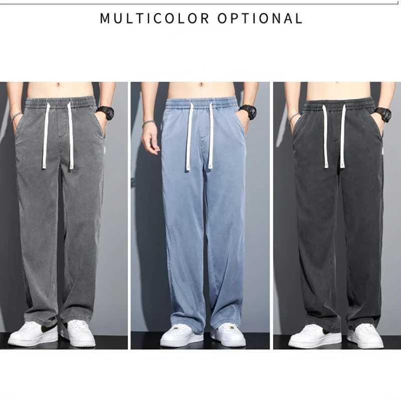 High Quality Summer Lyocell Fabric Mens Jeans Thin Straight Pants Drawstring Elastic Waist Korea Casual Trousers Plus Size D260320