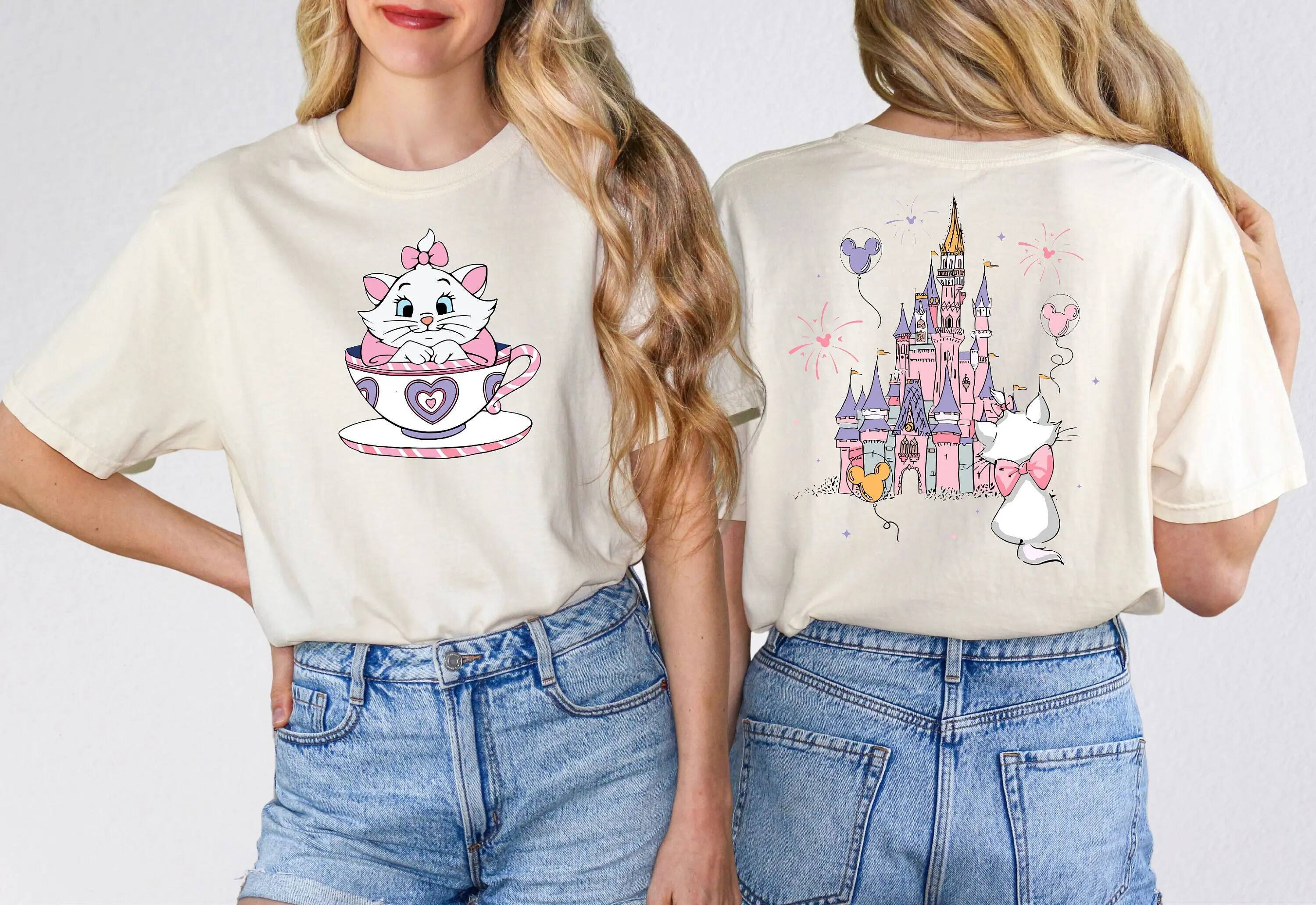 2025 Disney The Aristocats Mary Cat Crazy Teacup Party Shirt Magic Kingdom Family Sports Short Sleeve Women's Casual Fashion Top