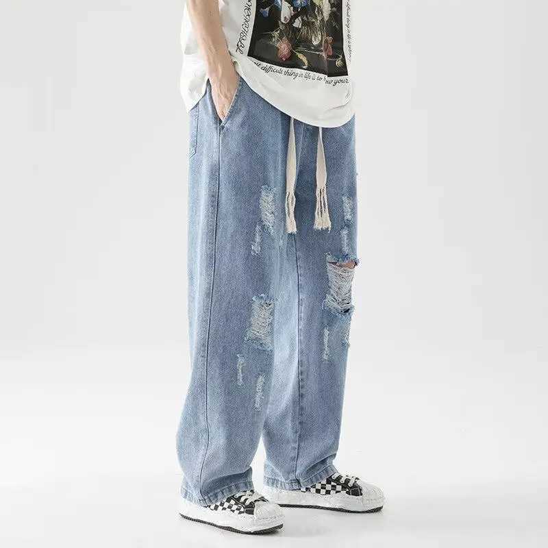 Men Summer Trend Ripped Wide Leg Loose Straight Jeans American Style High Street Male Casual Elastic Waist Ankle Length Pants D260320