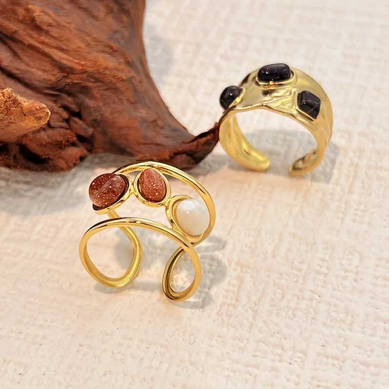Stainless Steel Inlay Brown Oval Stones Rings for Women Men Classic Vintage Wide Chunky Opening Rings Banquet Jewelry H260320 - view 5