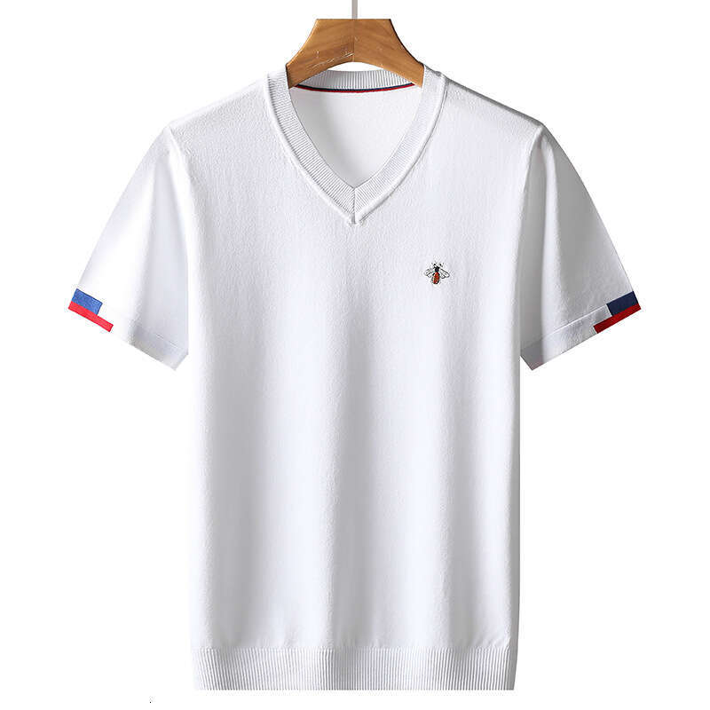 FeiFan Uniform Summer short-sleeve men's knitted shirt, casual cool V-neck embroidered loose thin ice silk half-sleeve trendy fashion sweater T-s