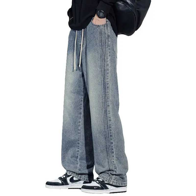 Elastic Loose Straight Jeans Mens Wide Legged Denim Pants Casual Trousers Korean Style Sportswear Clothing Jeans Men Pants D260320