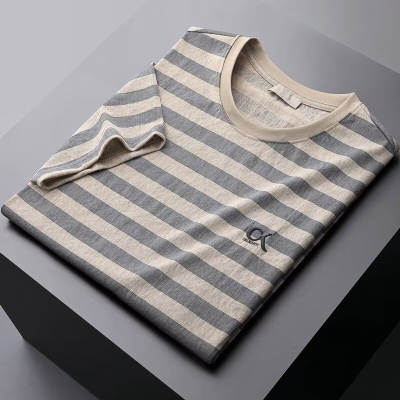 New Designer Hoodie Striped Ice Silk Imitation Linen Short-sleeve Polo Men's Slim-fit Designer T-shirt Summer Thin Embroidered Round-neck Half-sleeve