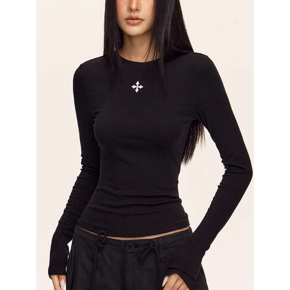 Spring And Autumn New Niche Cross Flower Pattern Design Simple Versatile Slim Fit Slimming Hot Girl Long Sleeve Top Base Shirt Luanyun