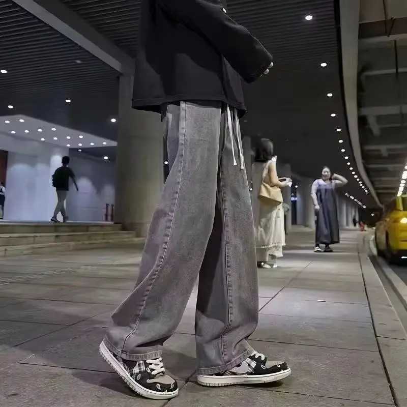 Spring Mens Jeans Baggy Straight Drawstring Elastic Waist Personality Fashion Vintage Denim Pants Streetwear Casual Trousers D2603201