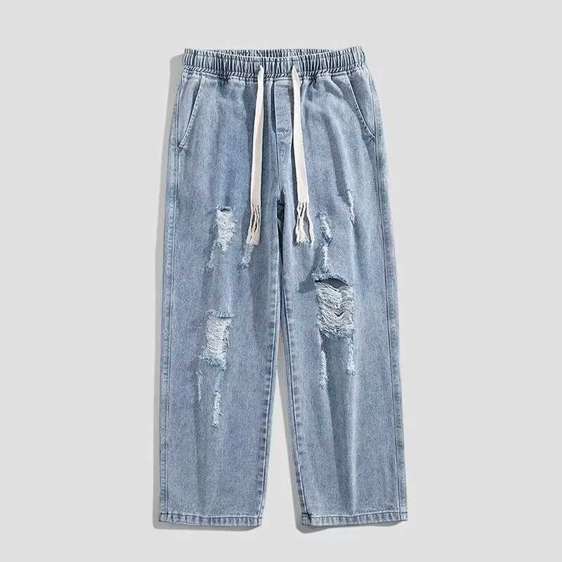 Men Summer Trend Ripped Wide Leg Loose Straight Jeans American Style High Street Male Casual Elastic Waist Ankle Length Pants D260320