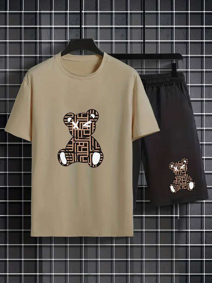 2026 Summer Casual Fashionable Breathable Sports Loose-Fit Quick-Dry Men's Short-Sleeve Hip-Hop Bear Print Set