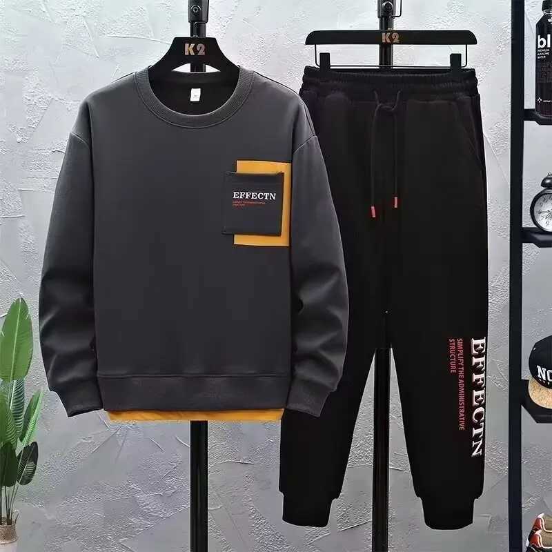 Minimalist Harajuku Trendy Mens Round Neck Printed Sweatshirt 2025 Autumn Long Sleeve Sweatshirt Loose Casual Set M260320