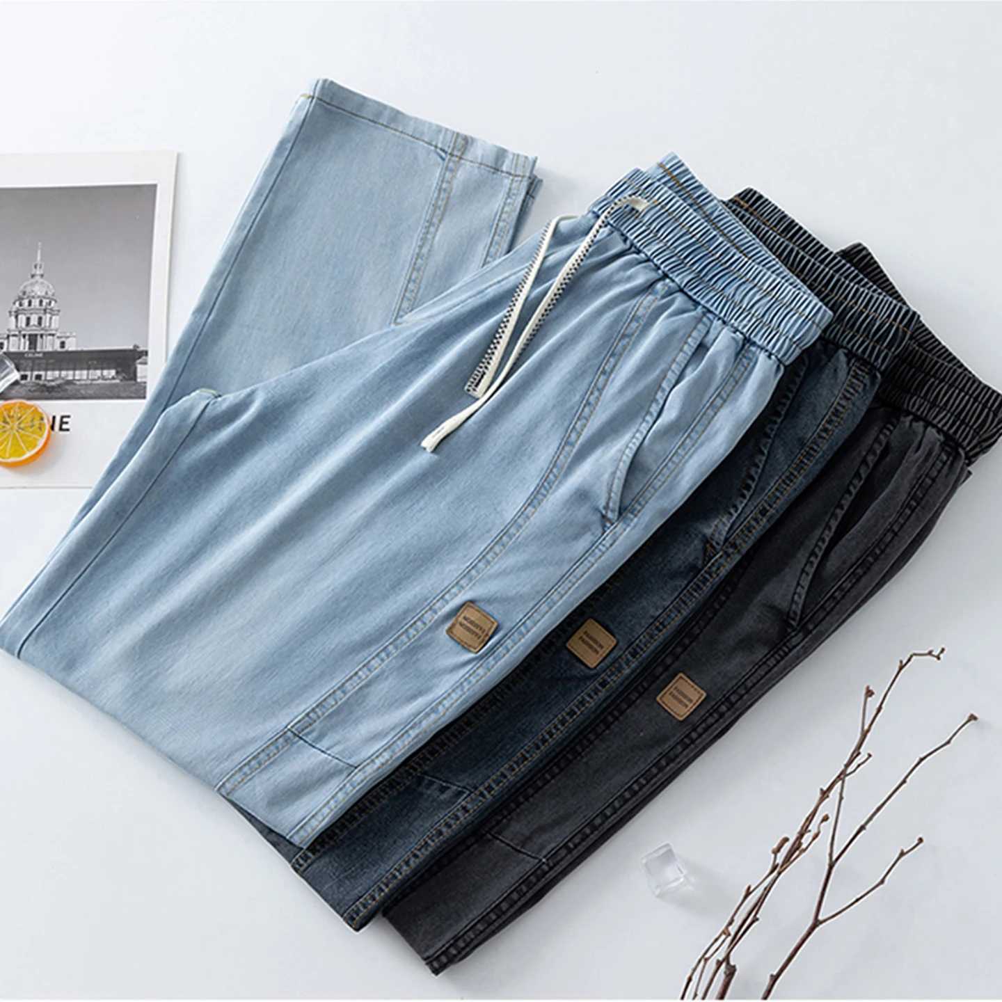 Spring Summer Thin Mens Jeans Fashionable Drawstring Straight Loose Trousers Comfortable Soft Male Simple Denim Pants D260320