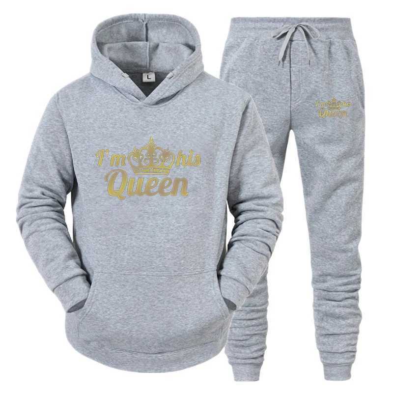 Fashion Long Sleeves KING And QUEEN Printed Hooded Suits Autumn Winter Couple Hoodie Pants 2-Piece Suit M260320